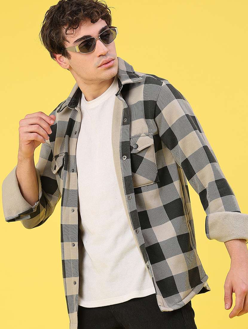 men checkered long sleeve regular fit shacket