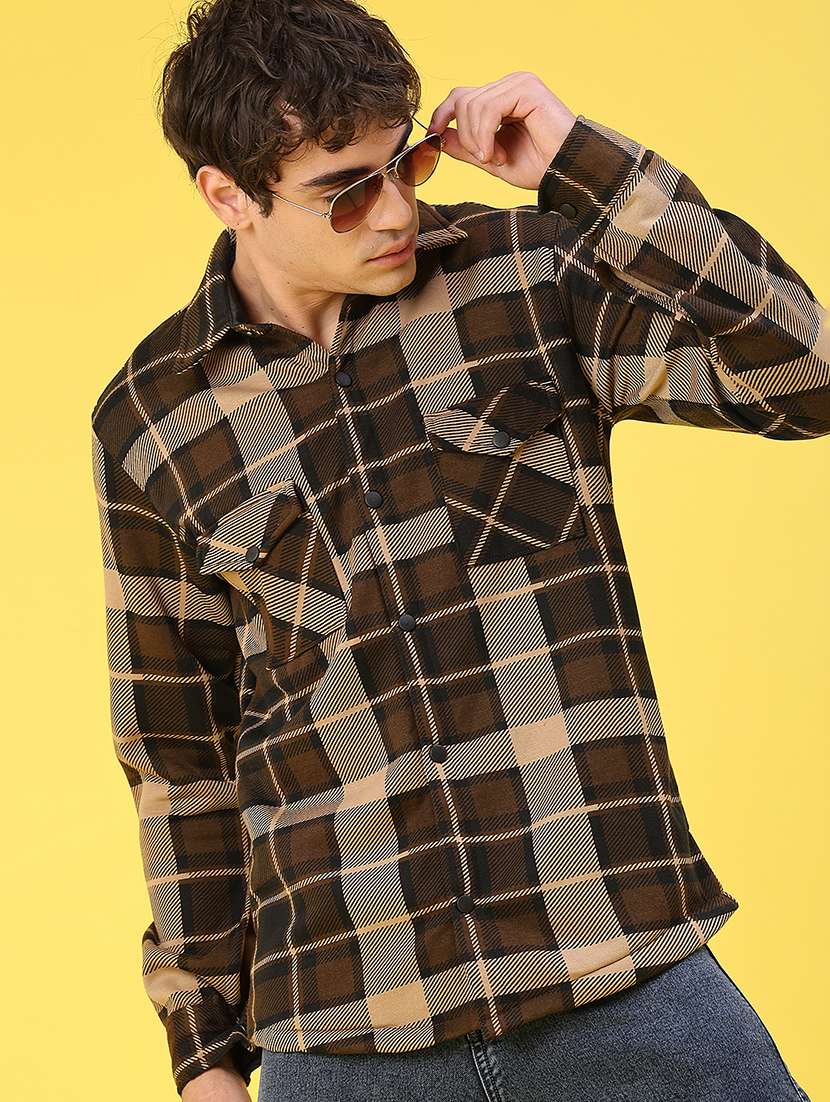 men checkered long sleeve regular fit shacket
