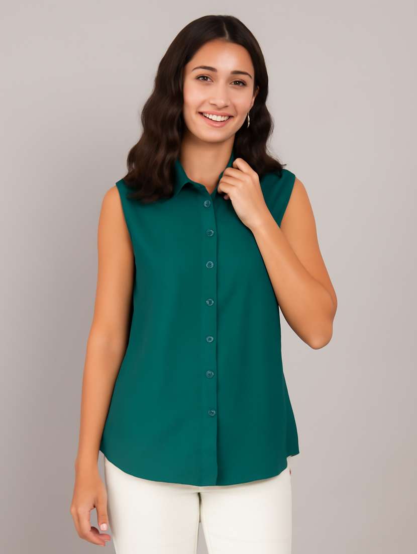 women solid sleeveless regular fit shirt