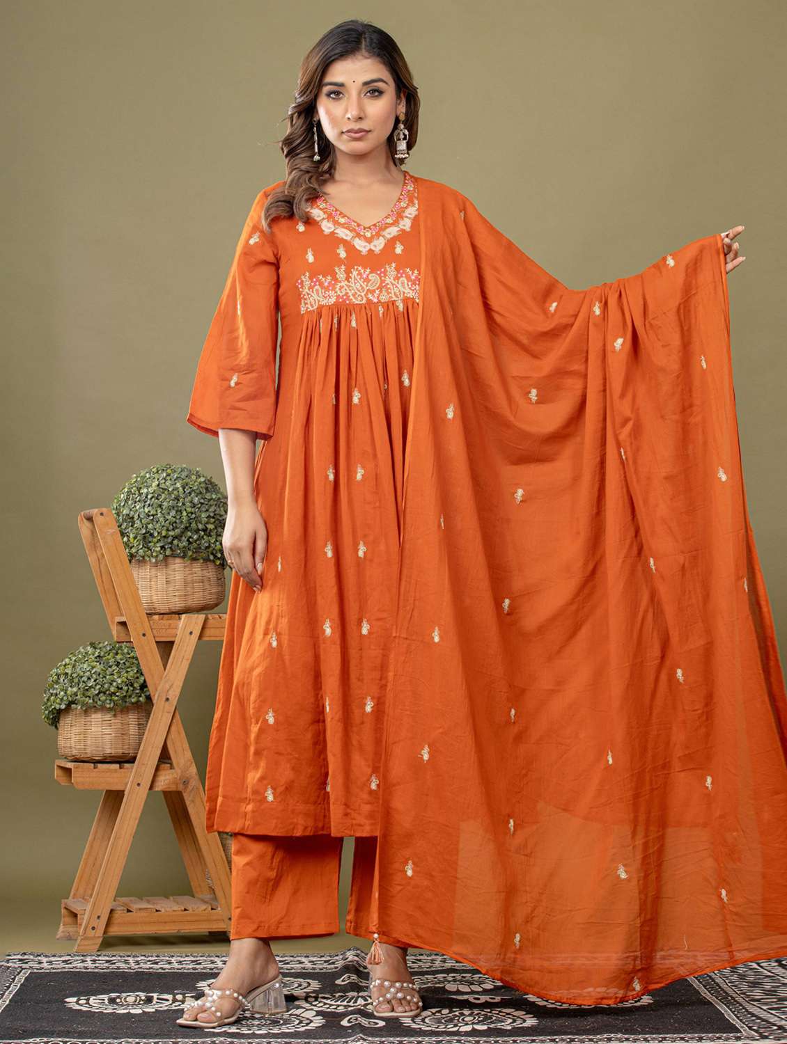 women solid with work three quarter sleeve kurta pant with dupatta set