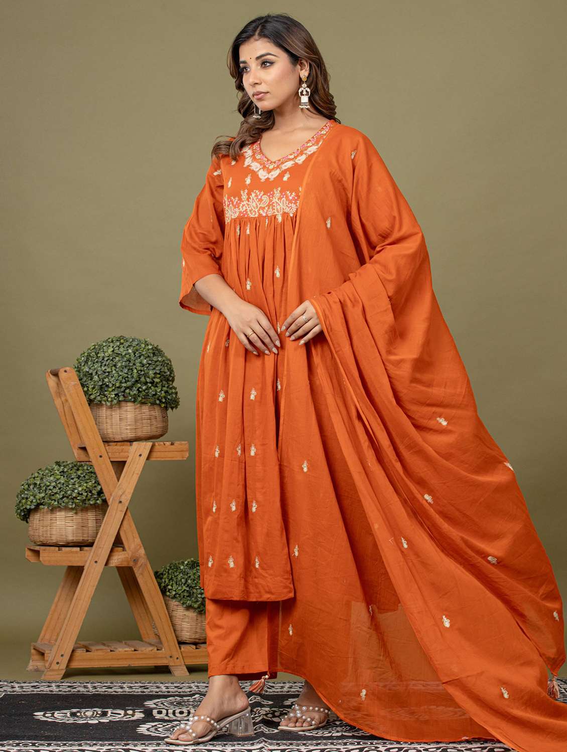 women solid with work three quarter sleeve kurta pant with dupatta set - 22231842 -  Standard Image - 2