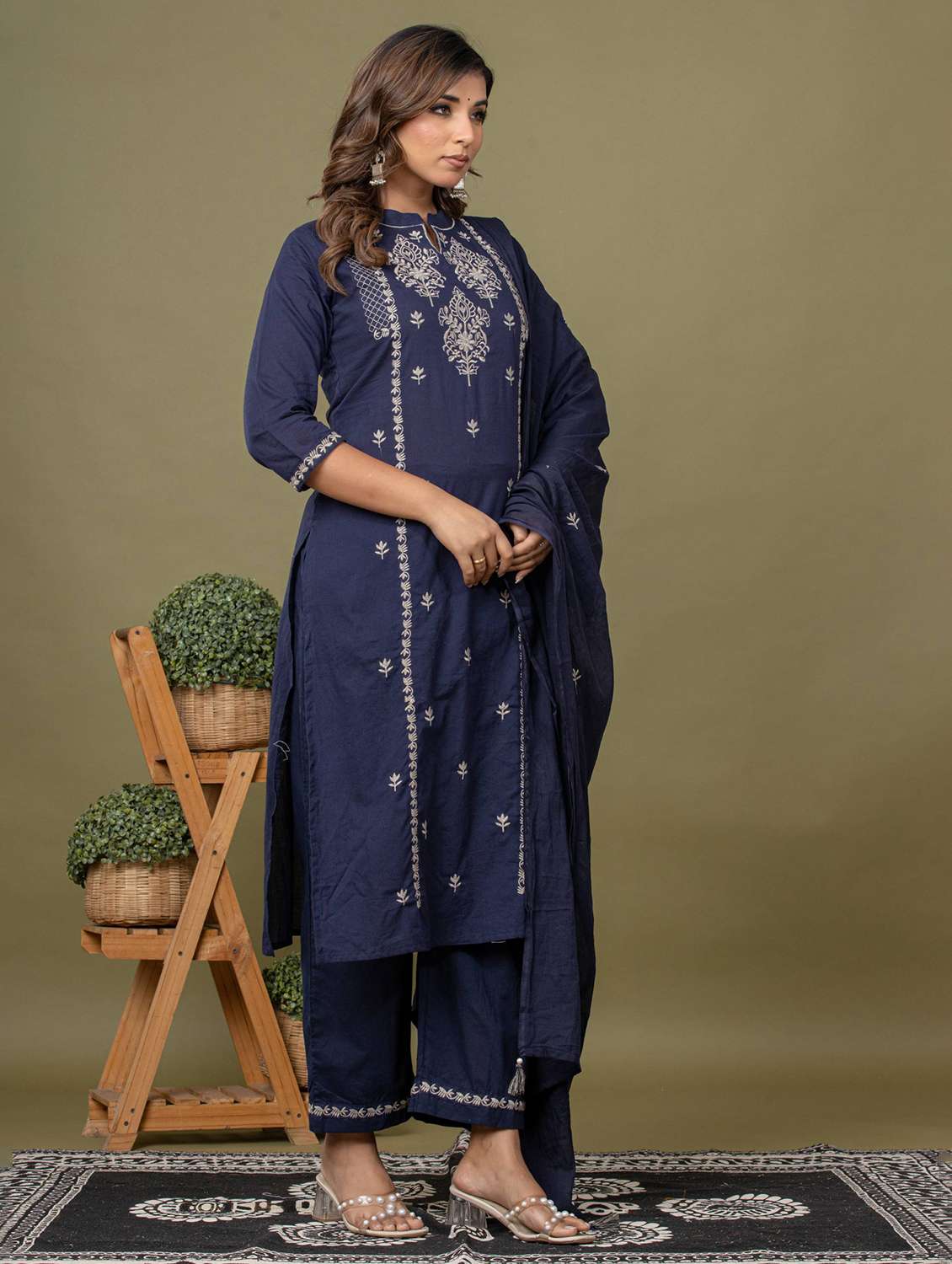 women solid with work three quarter sleeve kurta pant with dupatta set - 22231843 -  Standard Image - 2