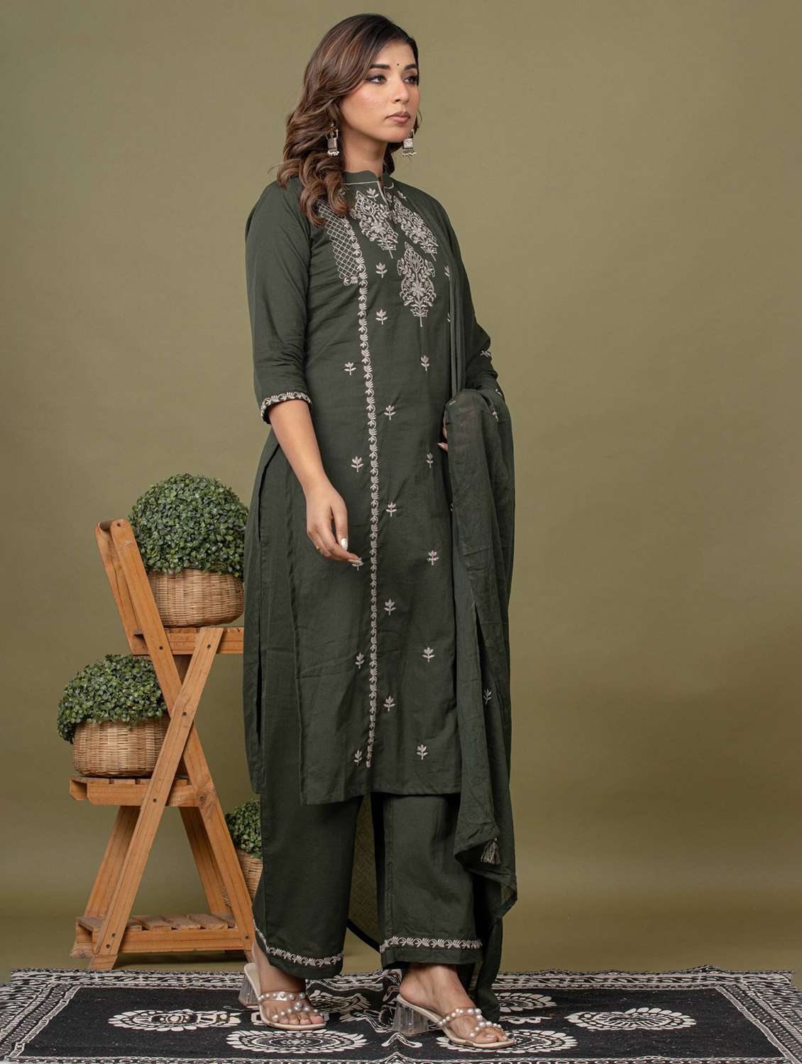 women solid with work three quarter sleeve kurta pant with dupatta set - 22231844 -  Standard Image - 2