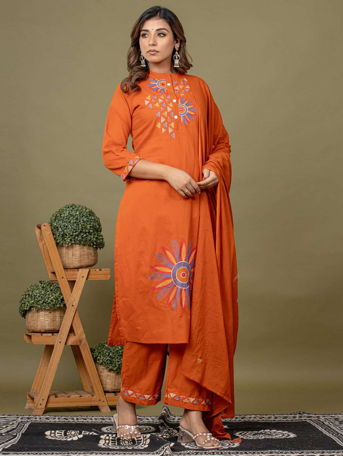women solid with work three quarter sleeve kurta pant with dupatta set - 22231846 -  Standard Image - 2