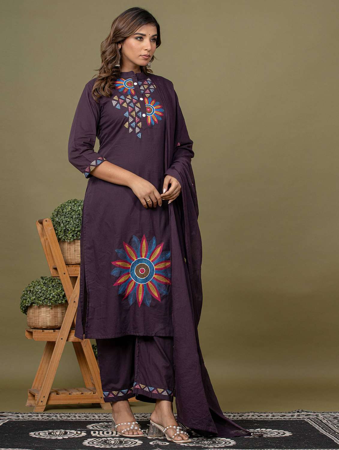 women solid with work three quarter sleeve kurta pant with dupatta set - 22231847 -  Standard Image - 2