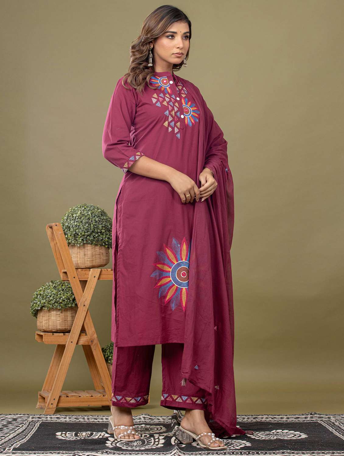 women solid with work three quarter sleeve kurta pant with dupatta set - 22231848 -  Standard Image - 2