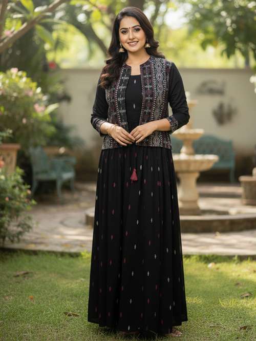 women printed three quarter sleeve flared ethnic dress - 22237868 -  Standard Image - 0