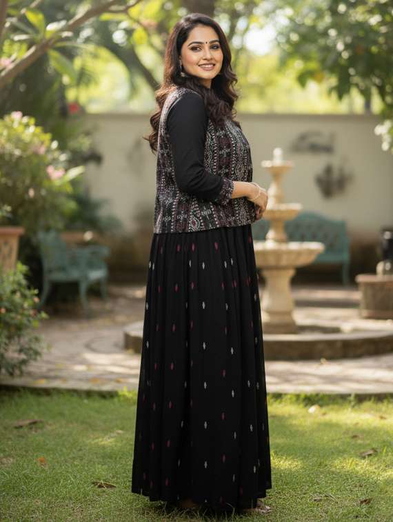 women printed three quarter sleeve flared ethnic dress - 22237868 -  Standard Image - 2