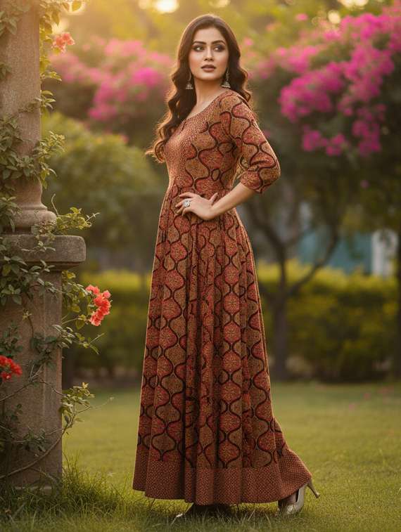 women printed three quarter sleeve flared ethnic dress - 22237869 -  Standard Image - 2