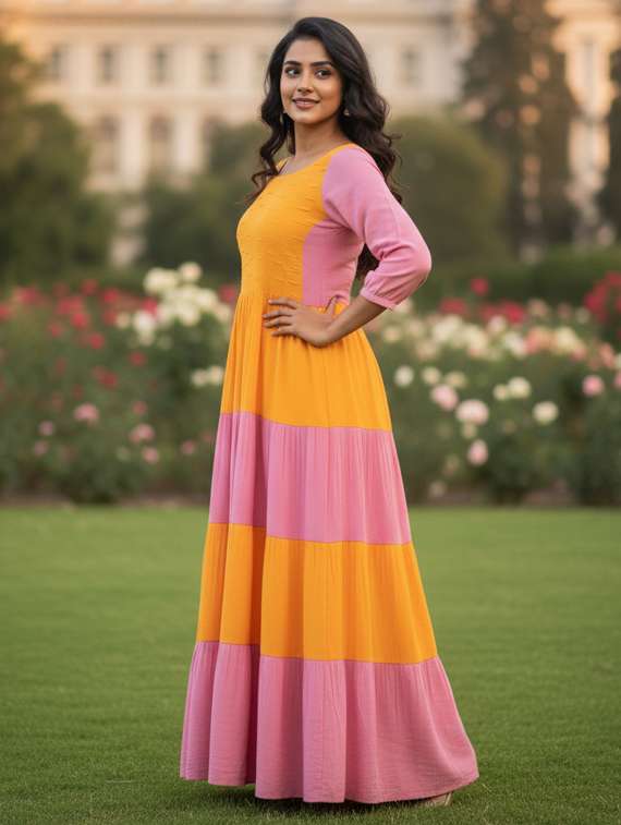 women color block puff sleeve tiered maxi dress - 22237870 -  Standard Image - 2