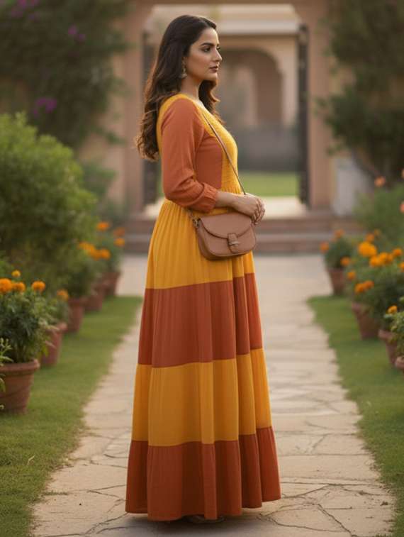 women color block puff sleeve tiered maxi dress - 22237871 -  Standard Image - 2