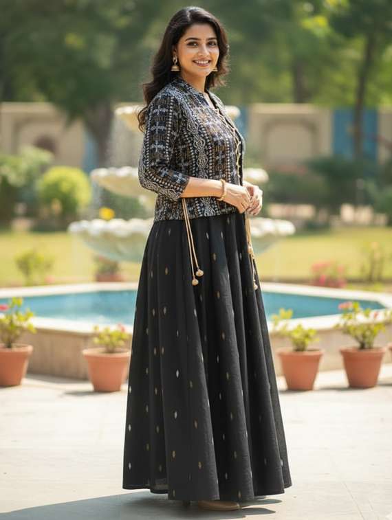 women printed three quarter sleeve flared ethnic dress - 22237873 -  Standard Image - 2