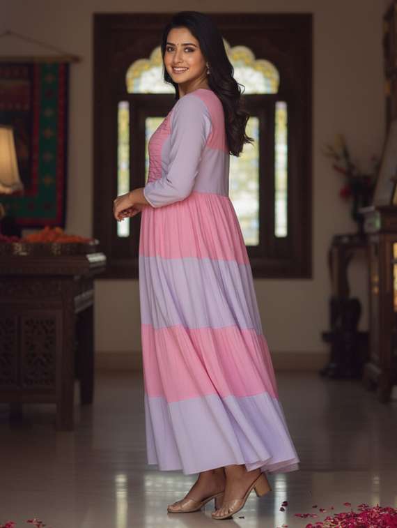 women color block puff sleeve tiered maxi dress - 22237874 -  Standard Image - 2