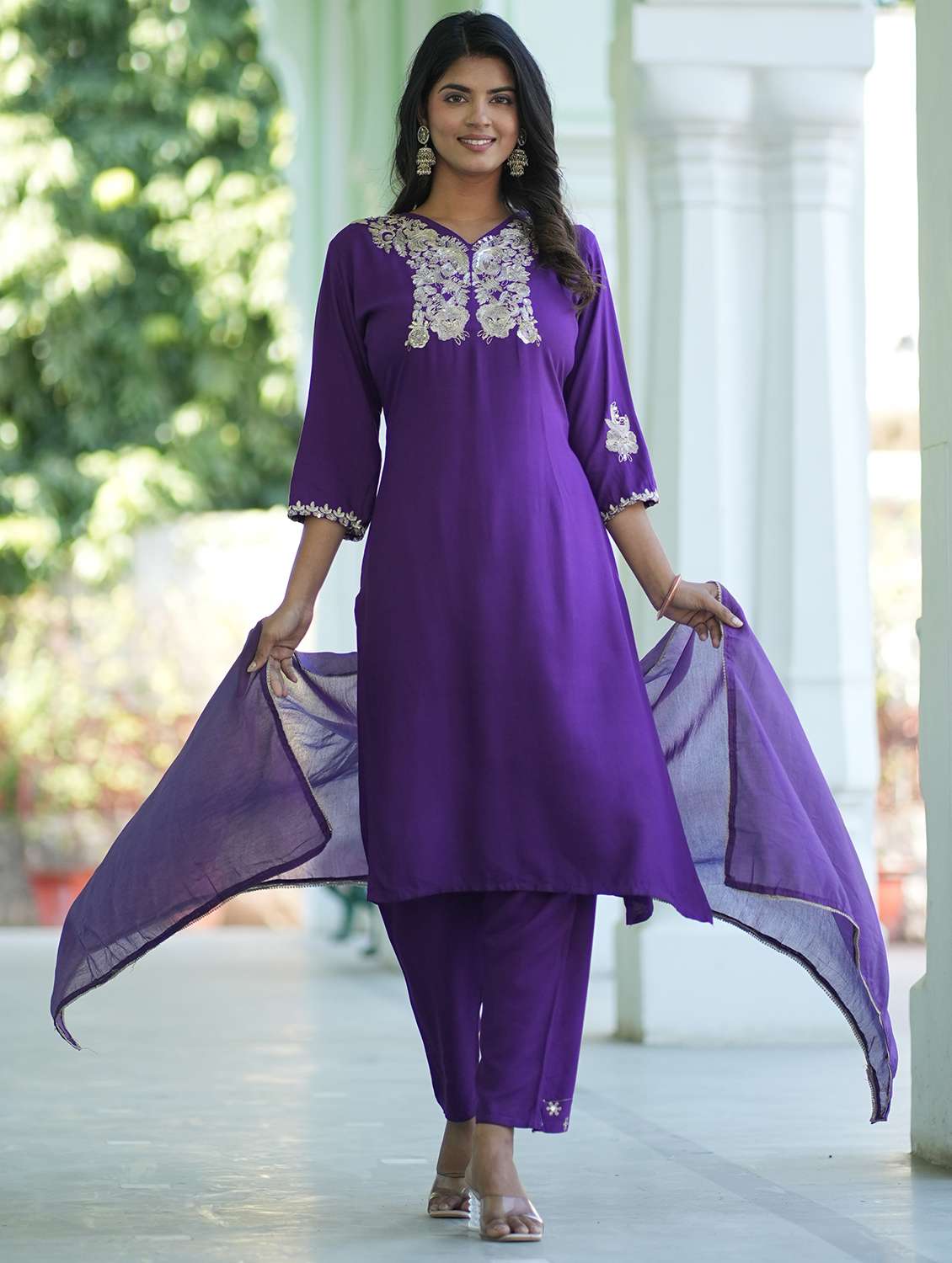 women solid with work three quarter sleeve kurta pant with dupatta set