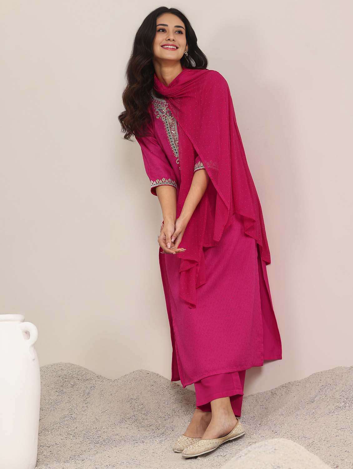 women solid with work three quarter sleeve kurta pant with dupatta set