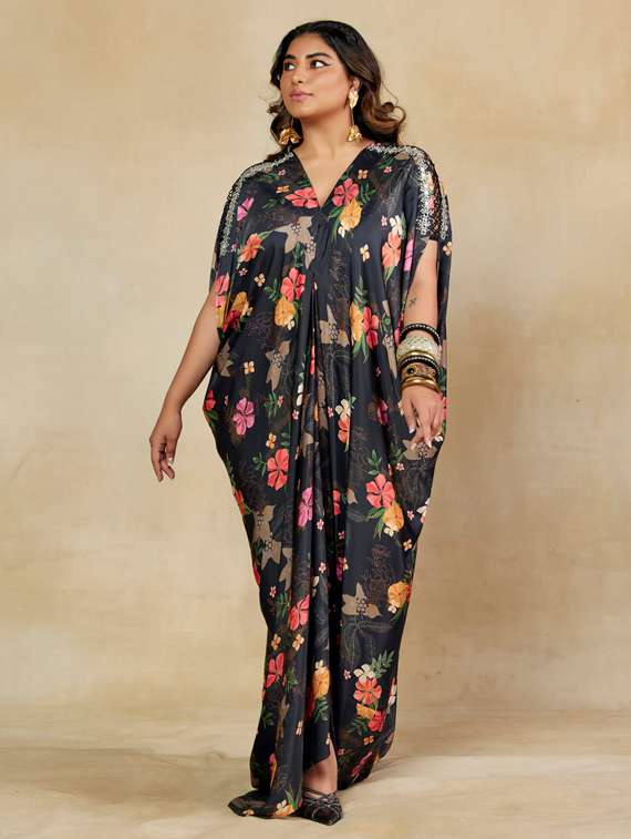 women floral print kimono sleeve kaftan dress