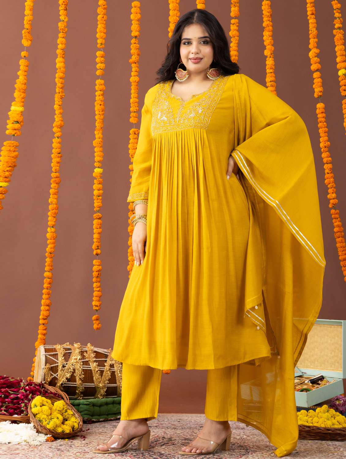 women plus size three quarter sleeve kurta pant with dupatta set