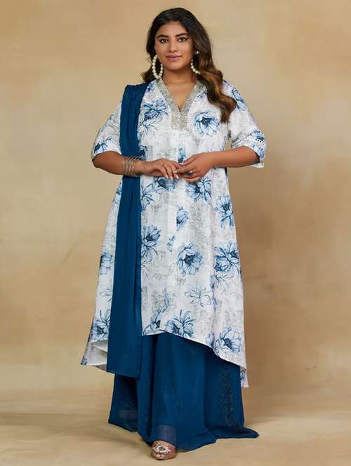 women plus size three quarter sleeve kurta palazzo with dupatta set - 22238785 -  Standard Image - 0