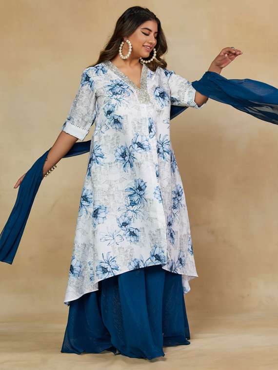 women plus size three quarter sleeve kurta palazzo with dupatta set - 22238785 -  Standard Image - 2
