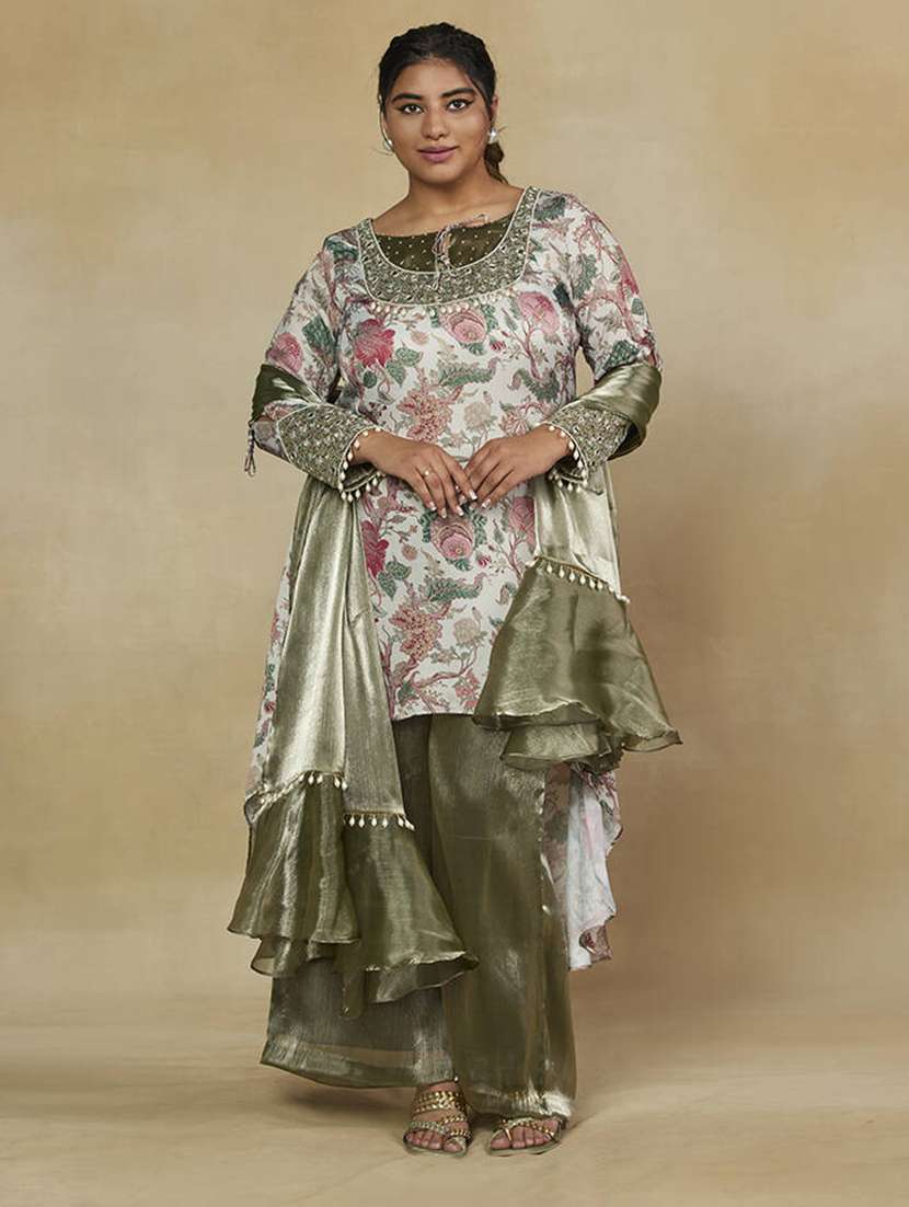 women plus size long sleeve kurta palazzo with dupatta set