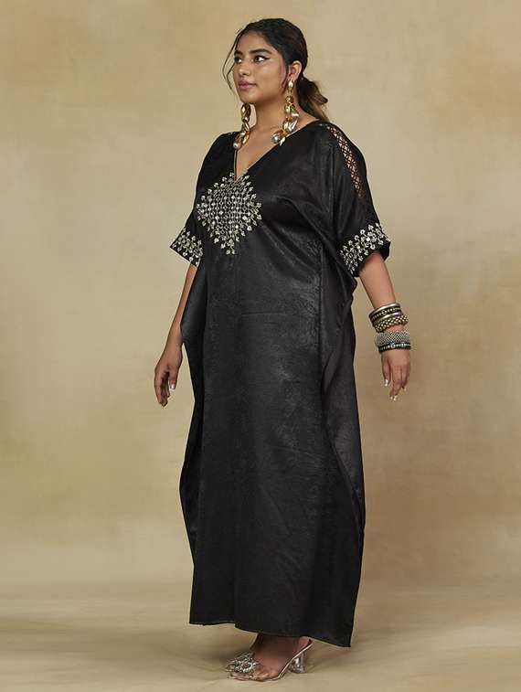 women solid with work v neck kaftan dress - 22238793 -  Standard Image - 2