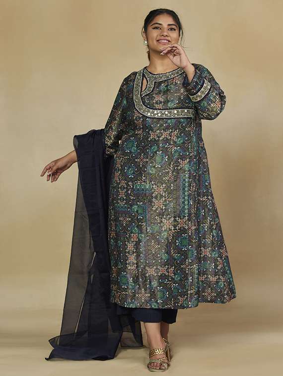 women plus size long sleeve kurta pant with dupatta set