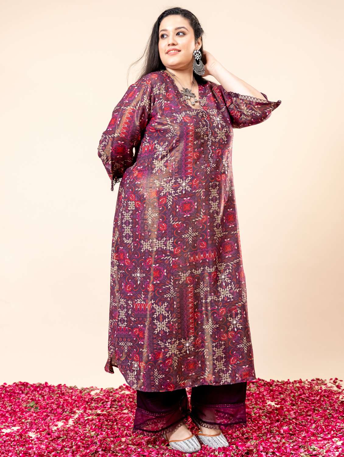 women plus size printed three quarter sleeve kurta palazzo set - 22238817 -  Standard Image - 2
