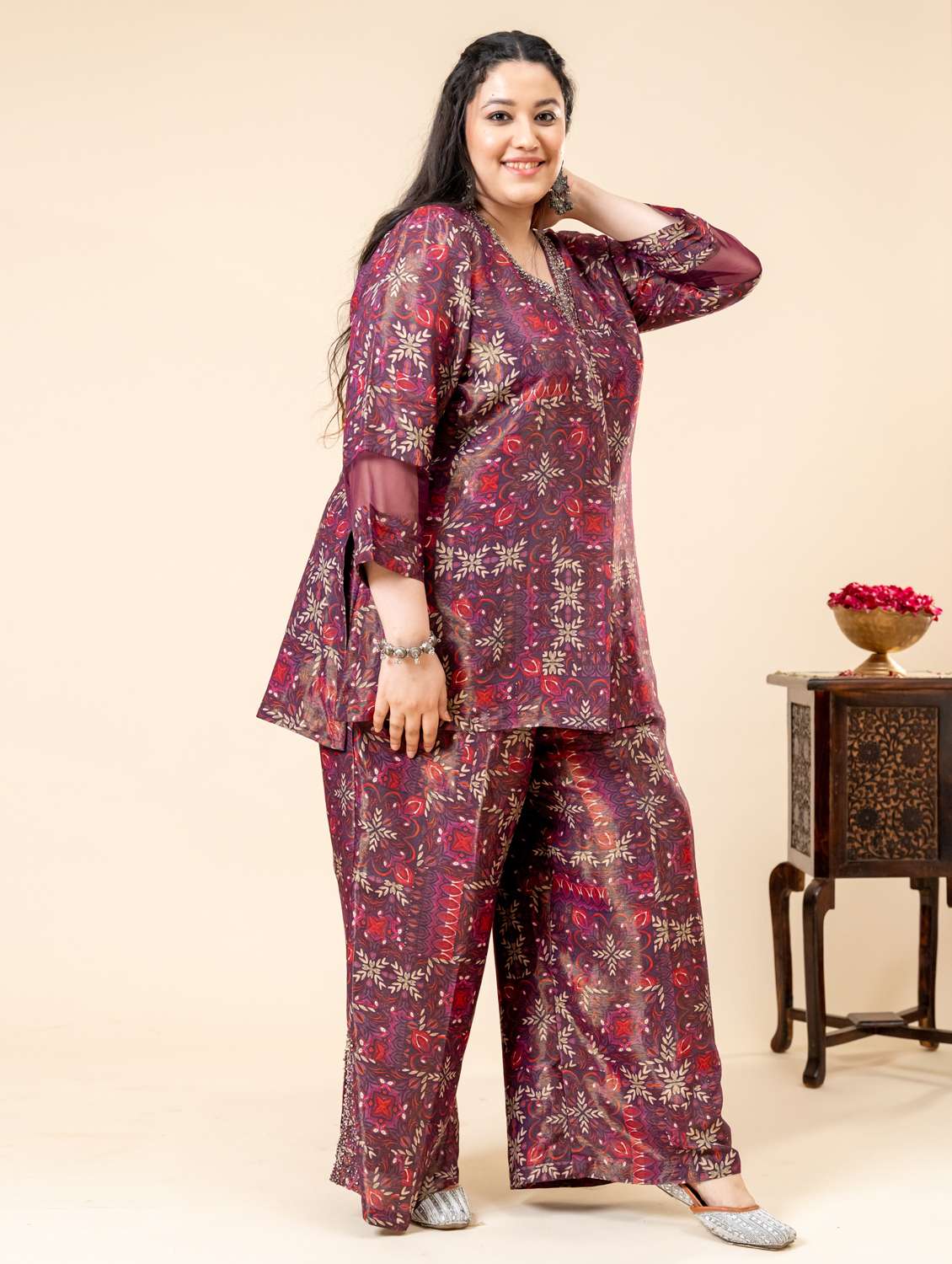 women plus size printed three quarter sleeve ethnic co-ord set - 22238819 -  Standard Image - 2