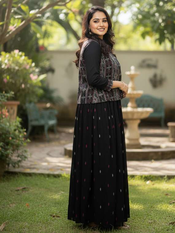 women printed three quarter sleeve flared ethnic dress - 22238822 -  Standard Image - 2