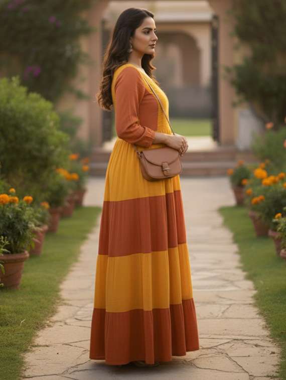 women color block puff sleeve tiered maxi dress - 22238825 -  Standard Image - 2