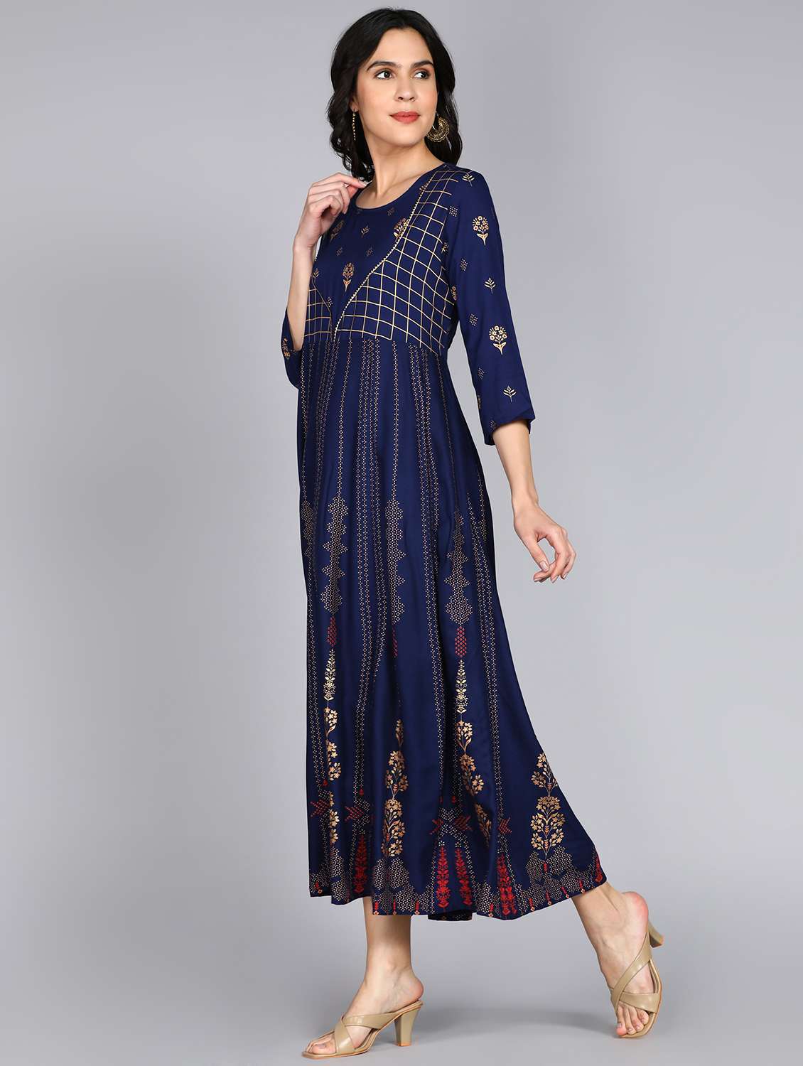 women foil print three quarter sleeve anarkali kurta - 22238826 -  Standard Image - 2