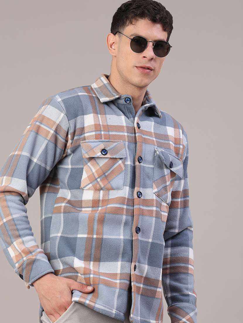 men checkered long sleeve regular fit shacket
