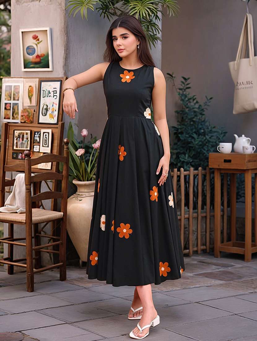 women embroidered sleeveless fit & flare dress with pocket