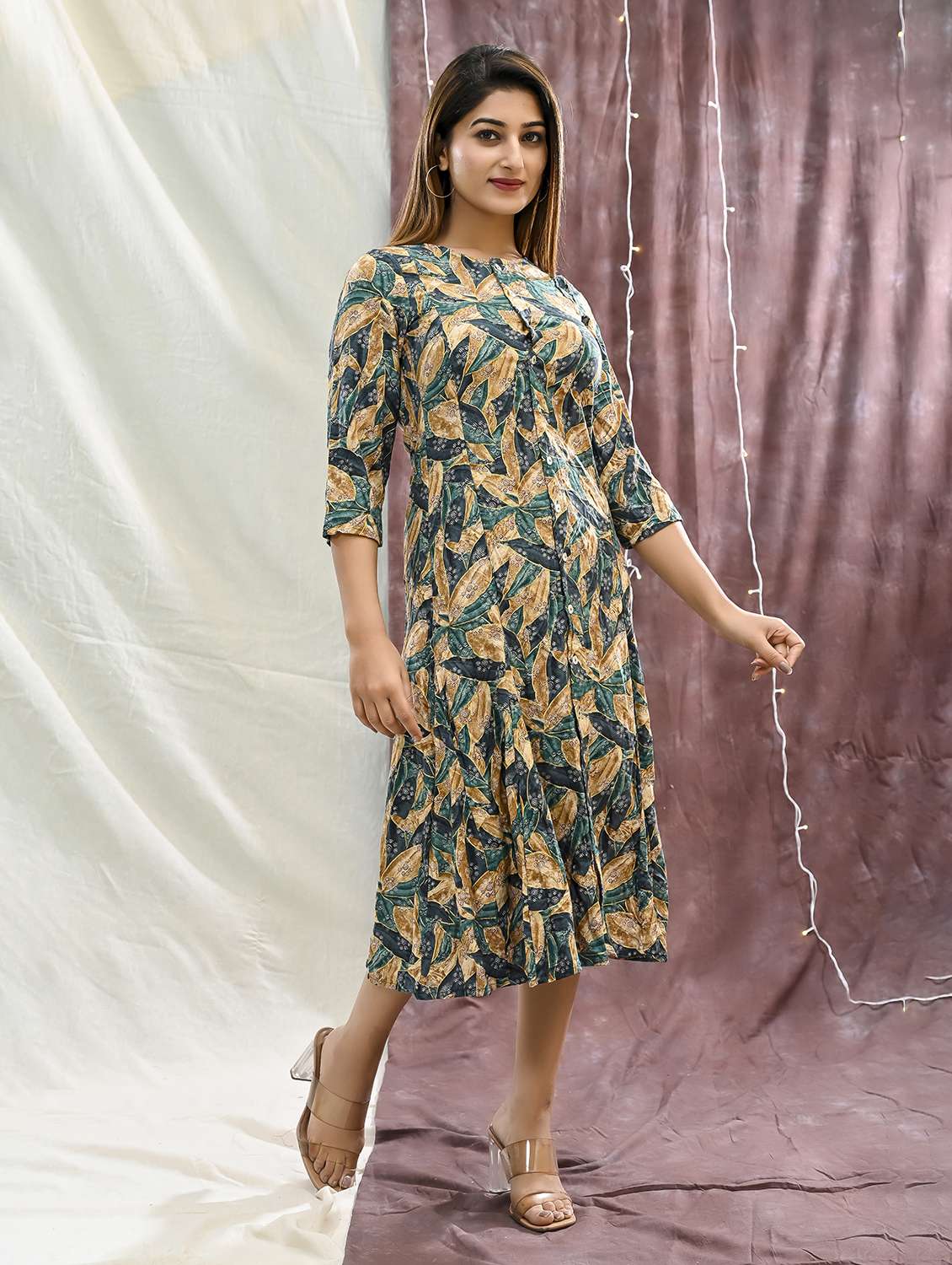 women printed three quarter sleeve shirt dress - 22239273 -  Standard Image - 2