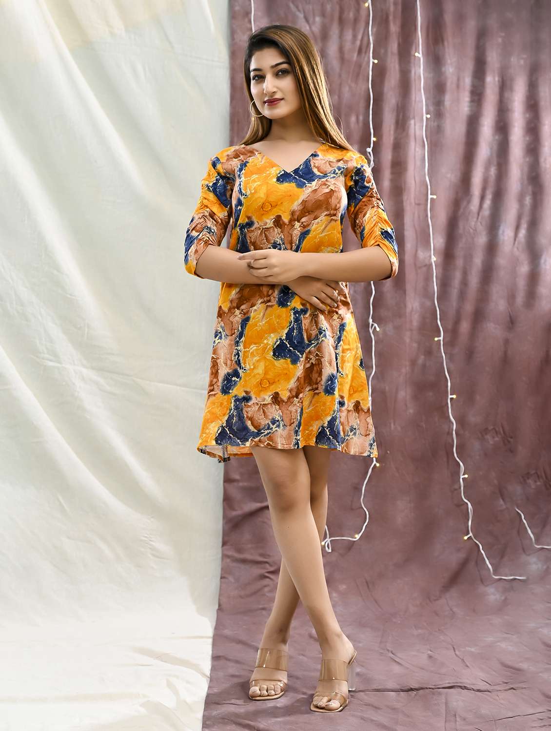 women printed three quarter sleeve a-line dress - 22239274 -  Standard Image - 2