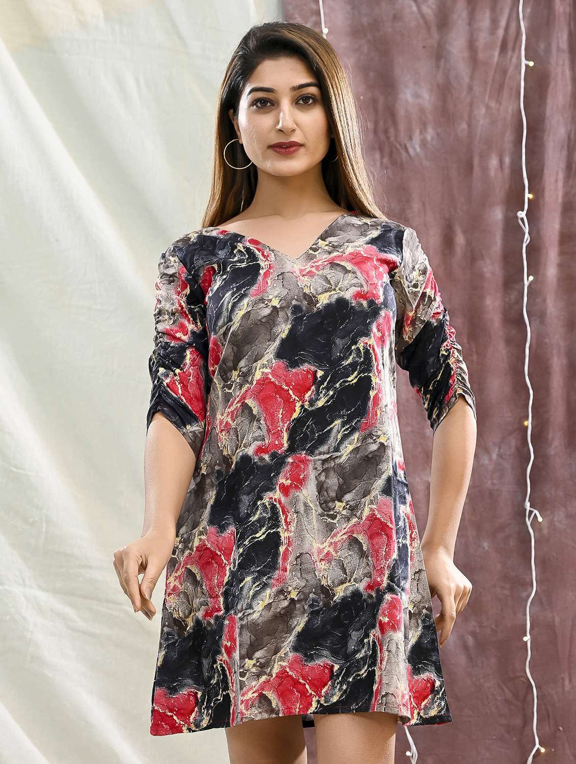 women printed three quarter sleeve a-line dress