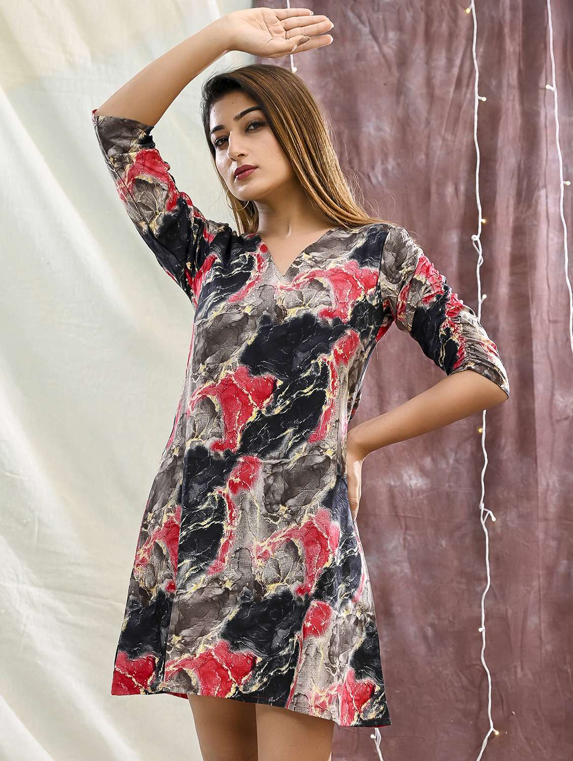 women printed three quarter sleeve a-line dress - 22239275 -  Standard Image - 2