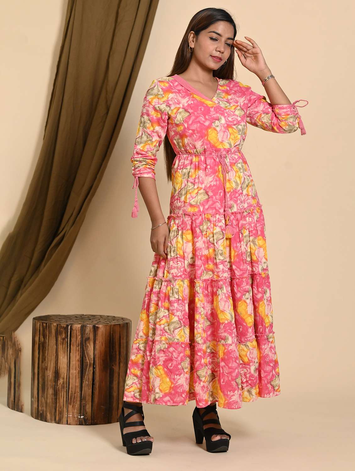 women printed three quarter slevee tiered dress - 22239280 -  Standard Image - 2