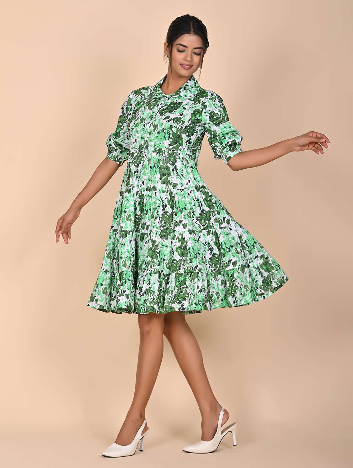 women printed three quarter slevee tiered dress - 22239281 -  Standard Image - 2