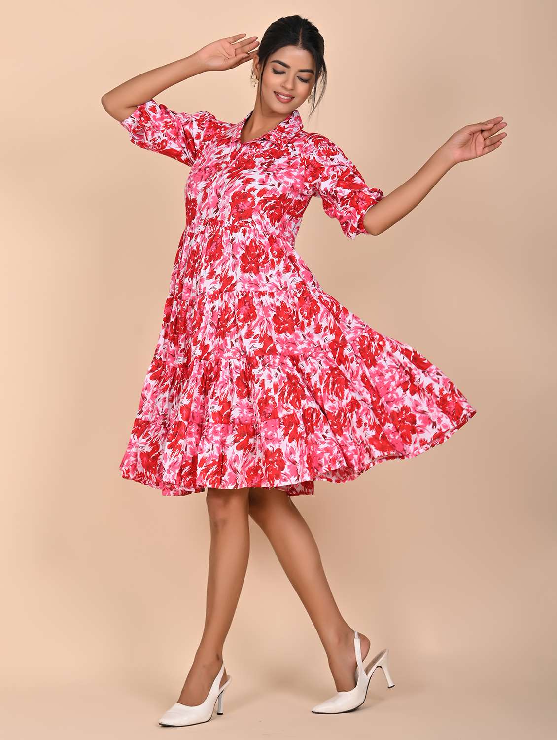 women printed three quarter slevee tiered dress - 22239282 -  Standard Image - 2