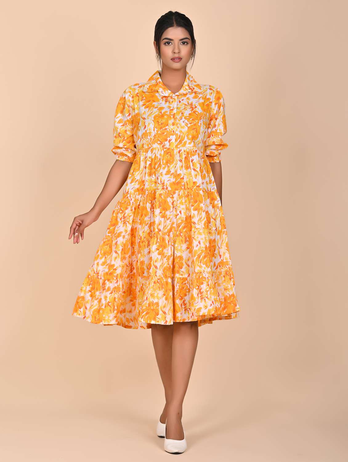 women printed three quarter slevee tiered dress