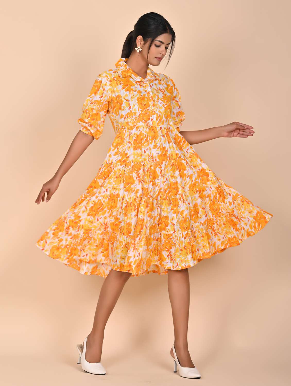 women printed three quarter slevee tiered dress - 22239283 -  Standard Image - 2