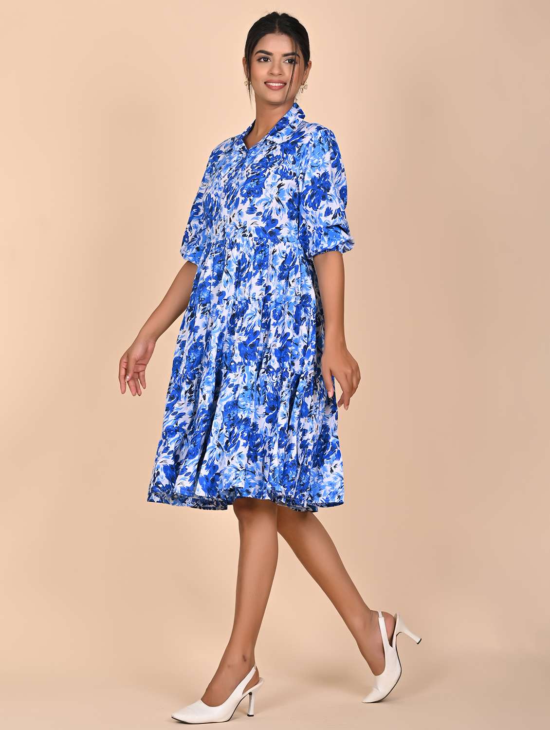 women printed three quarter slevee tiered dress - 22239284 -  Standard Image - 2