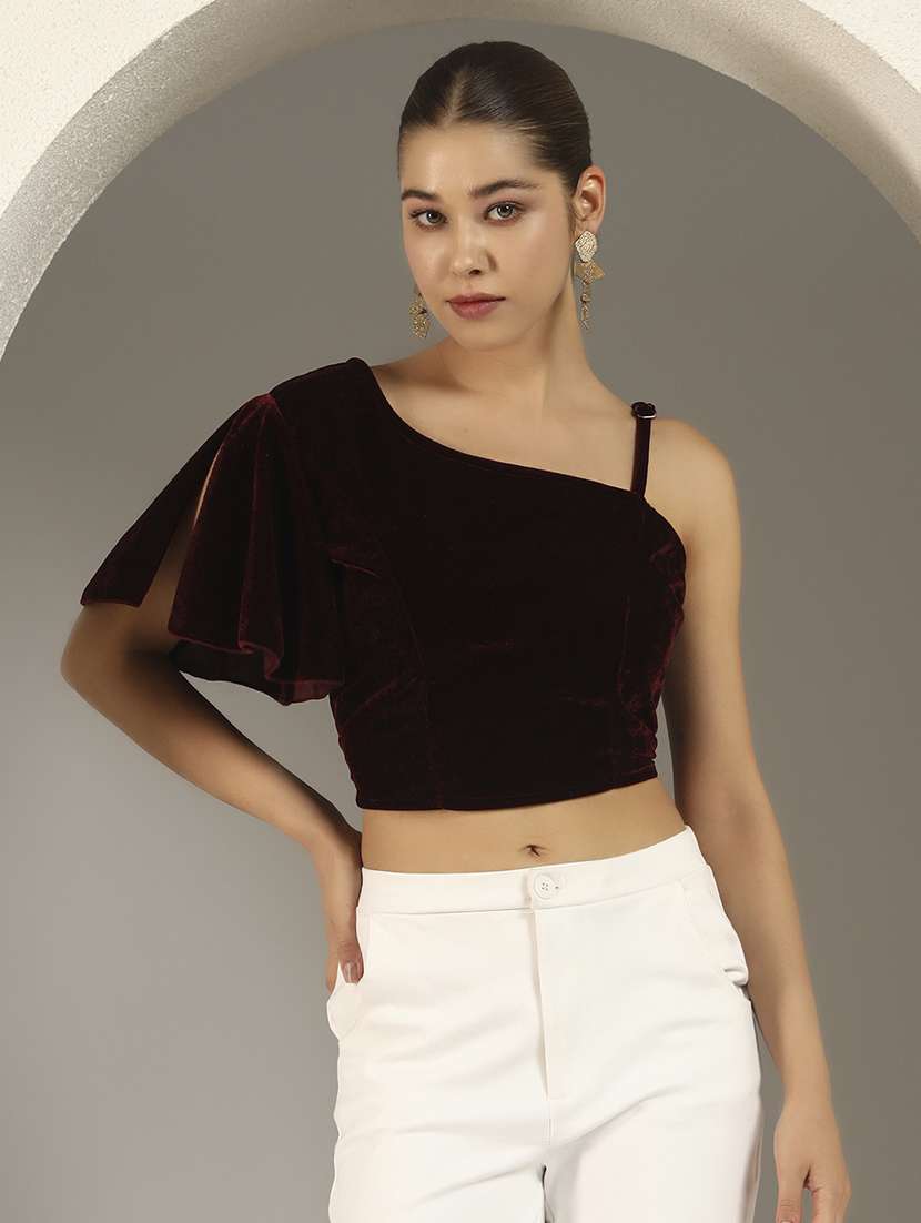 women solid single shoulder stitched blouse