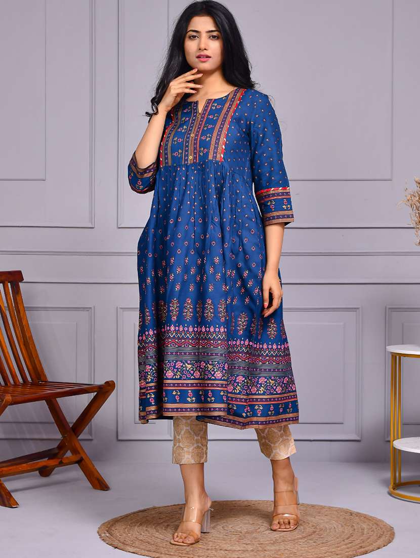 women printed three quarter sleeve flared kurta - 22239684 -  Standard Image - 2