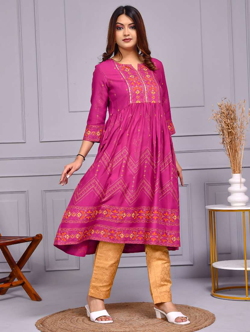 women printed three quarter sleeve flared kurta - 22239686 -  Standard Image - 2