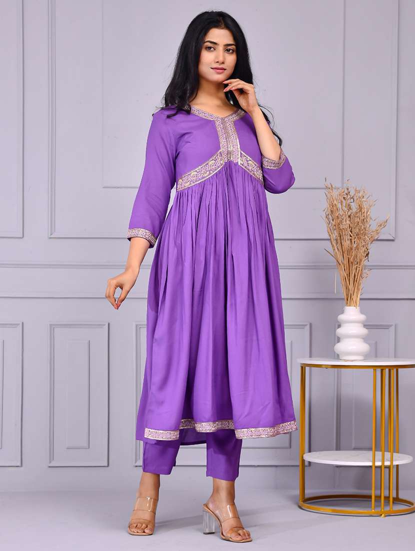 women solid with work three quarter sleeve flared kurta - 22239689 -  Standard Image - 2