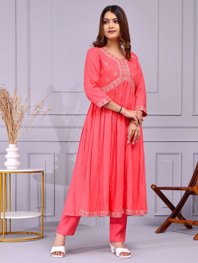 women solid with work three quarter sleeve flared kurta - 22239690 -  Standard Image - 2