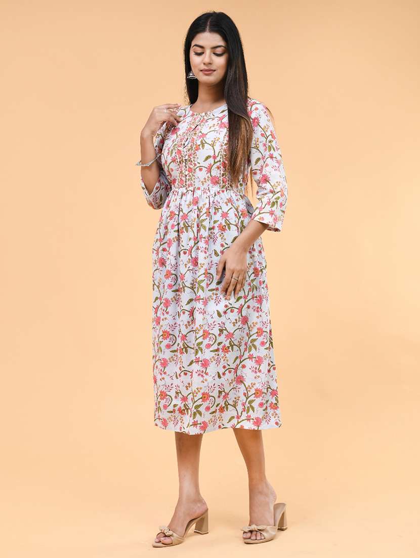 women floral three quarter sleeve a-line ethnic dress - 22239695 -  Standard Image - 2