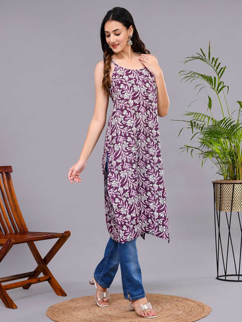 women floral shoulder strap straight kurta - 22239706 -  Standard Image - 2